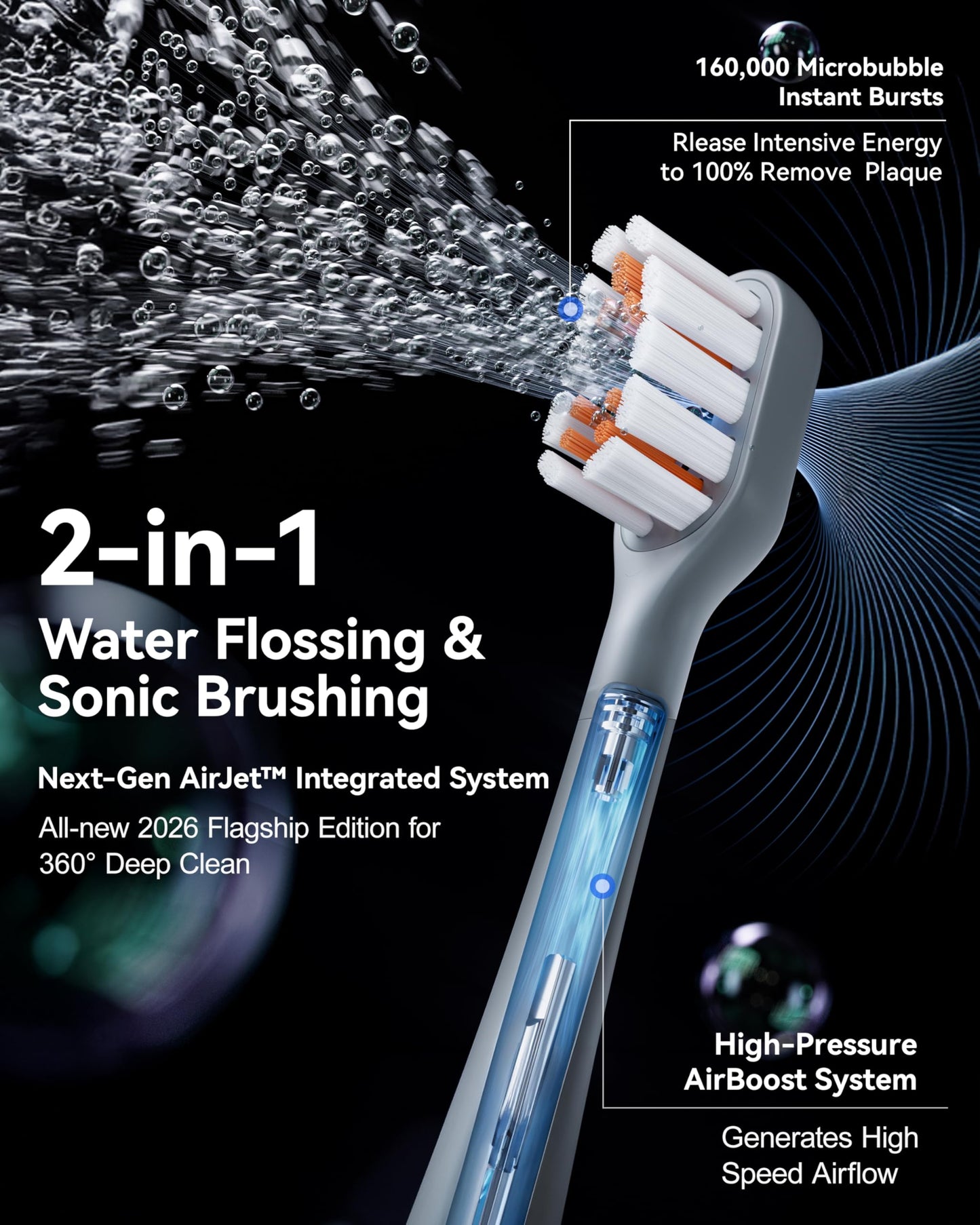 RANVOO AirJet X3 [AI Max Jet Clean] [Flossing & Sonic Brushing 2-in-1] Electric Toothbrush for Adults, 100% Plaque Removal, Whitening, 60-Day Battery, Soft & Gum Care, for Sensitive Teeth/Braces Gray