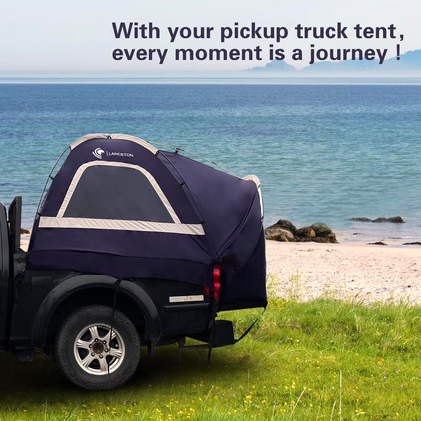 Lanceton Pickup Truck Tent, Fit 5.5-6 Foot Truck Bed, Waterproof PU3000mm high Density Polyester Oxford, Windproof Pole and Insect-Prevention Double Layer Mesh Window & Door, Unique Rear Window Pipe