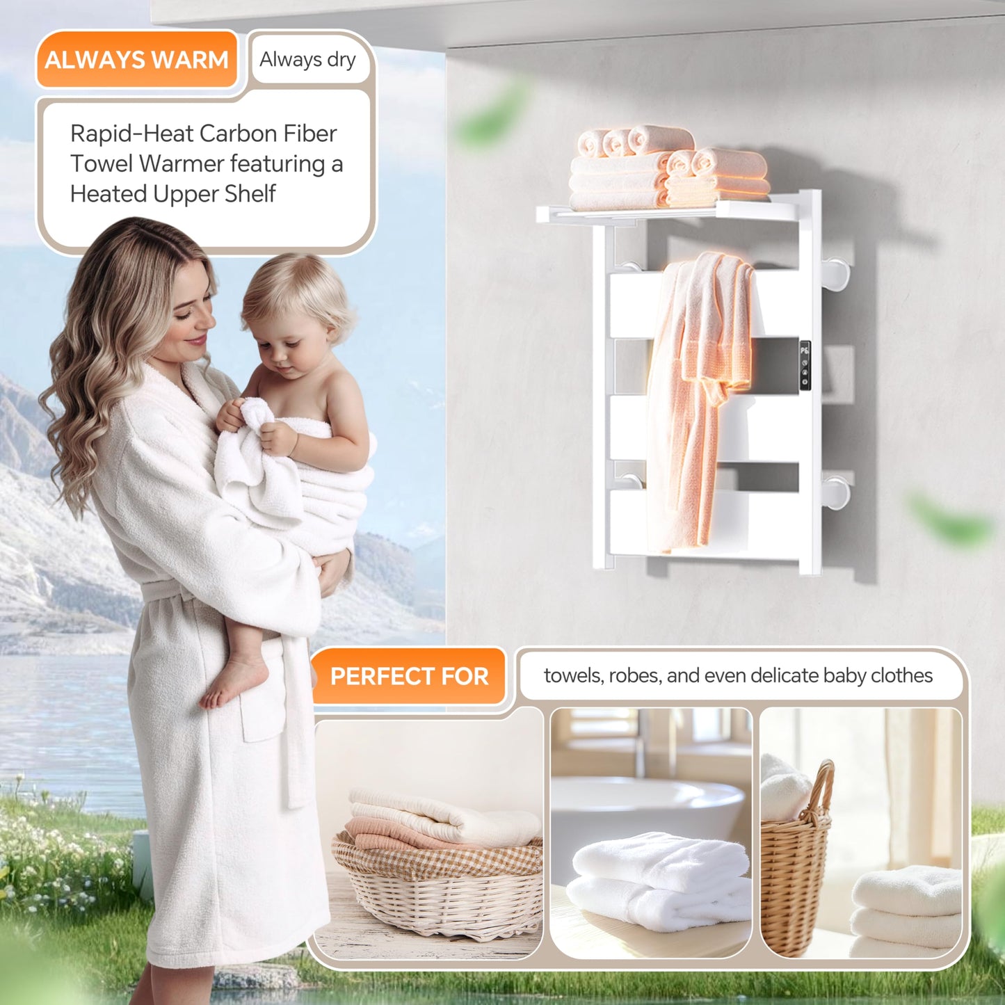 EIKANIOS Electric Heated Towel Warmer with Heated Top Shelf, Upgraded Flat Panel Towel Drying Rack with Timer & Temp Control, Left or Right Plug-in/Hardwired Options, Wall Mounted for Bathroom