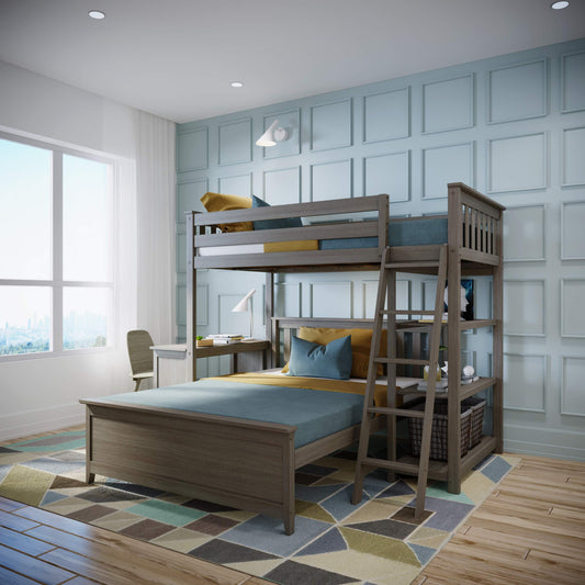 Max & Lily Bunk Bed, L Shape Twin-Over-Full Bed Frame For Kids With Bookcase and Desk, Clay