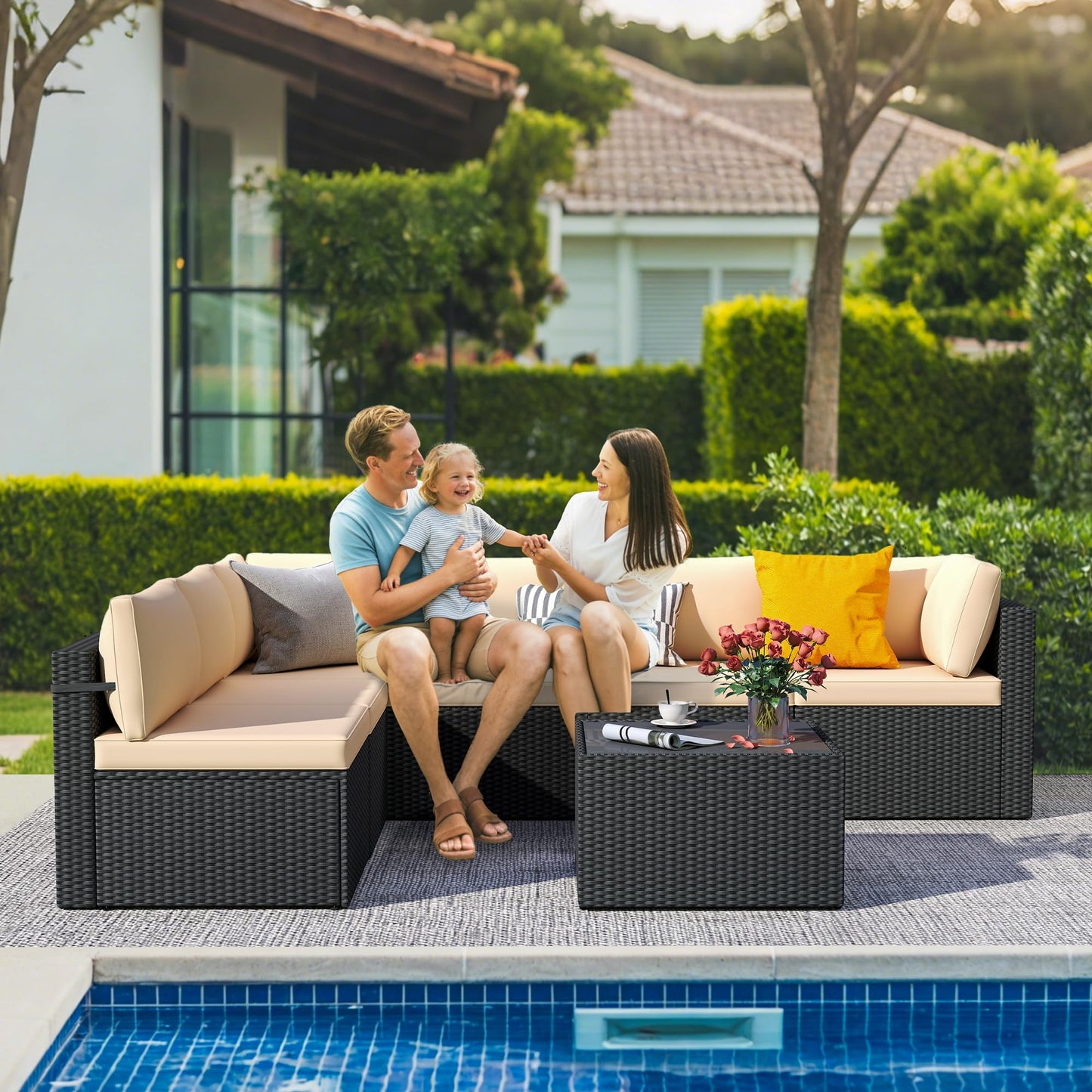 PATIOPIA 7-Piece Outdoor Sectional Sofa Set, Weather-Resistant Patio Furniture Set with Washable Cushions and Coffee Table, Black Rattan Patio Conversation Set for Poolside, Backyard, Deck (Beige)