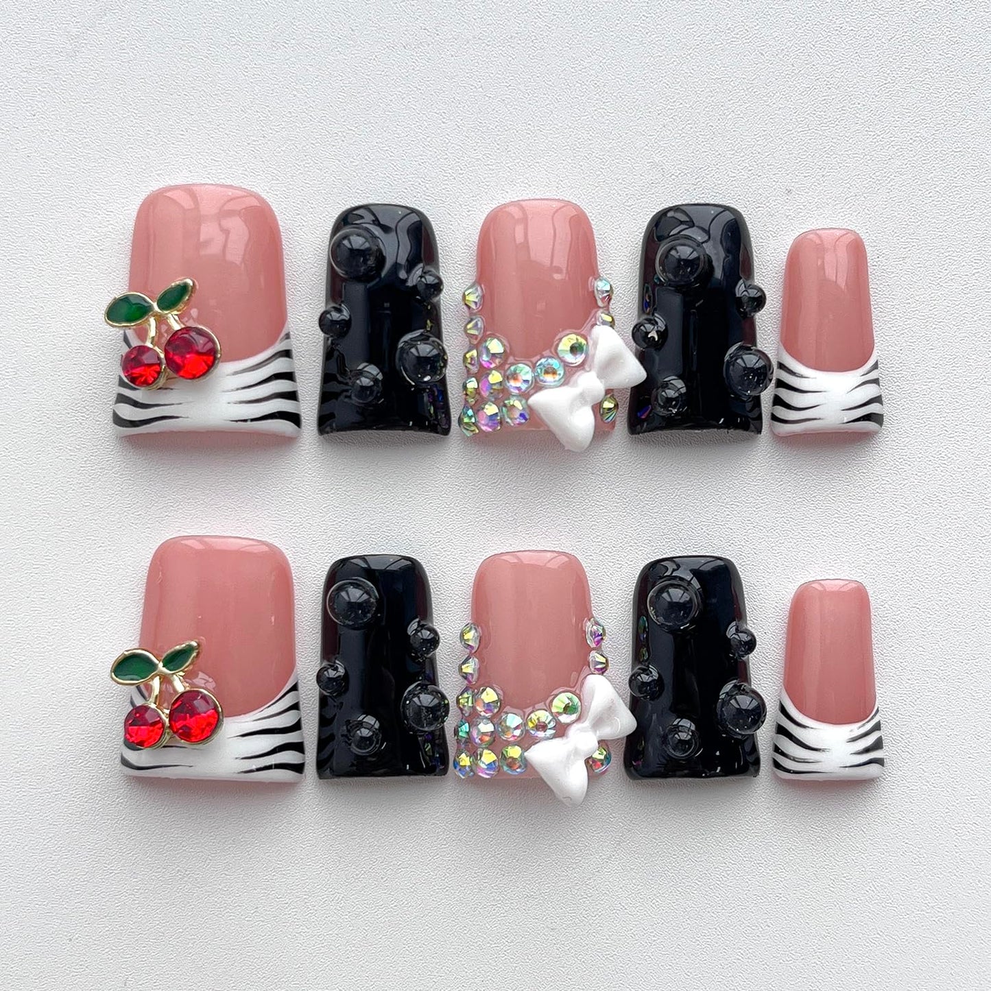 French Tip Press on Nails Handmade Short Duck 3D Thick Acrylic Nails Black&White False Nails with Bow Cherry Rhinestones Butterfly Zebra Print Designs Cute Fake Nail Sturdy Art Press on Nail 10Pcs(S)