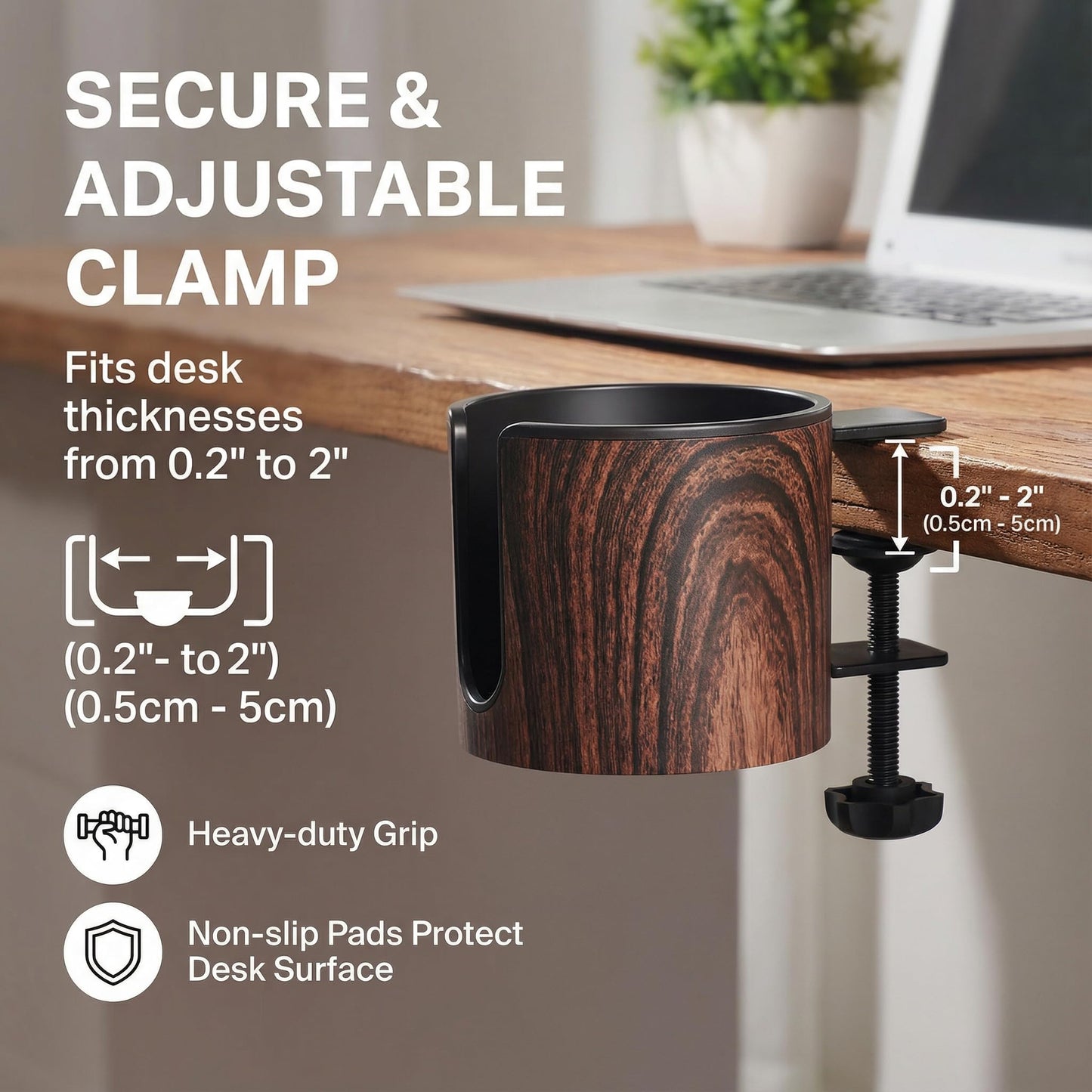 cowinational Luxury 2pcs Desk Cup Holder, Tool-Free Clamp On Desk Cup Holder, Fits 40oz Tumbler Holder & 0.2-2in Thick Desks, Anti-Spill for Office, Home, Gaming (2PCS Walnut Design)