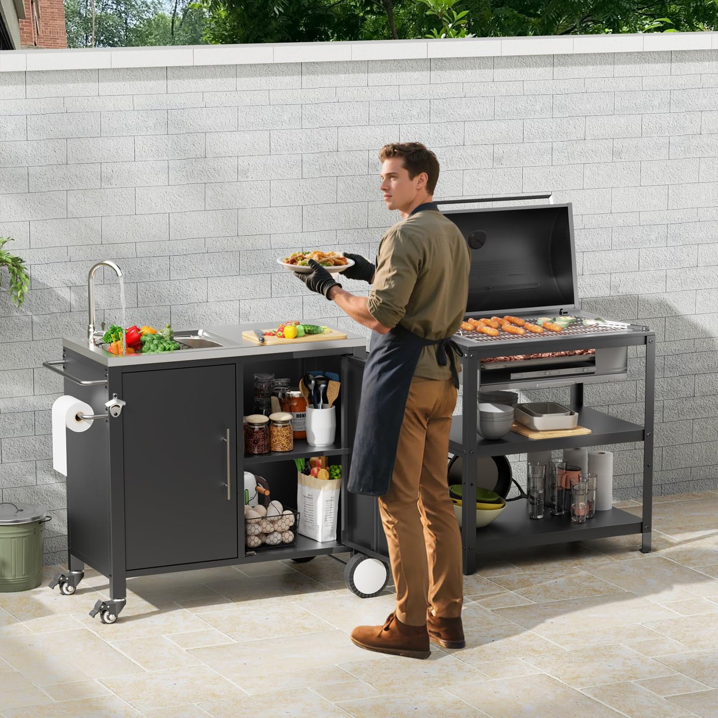 ahomrt Outdoor Grill Table with Sink, Grill Cart with 304 Stainless Steel Sink and Cabinet, Outdoor Grill Cart,Outdoor Cart Sink Station with Wheels, 38in x 18in x 35in
