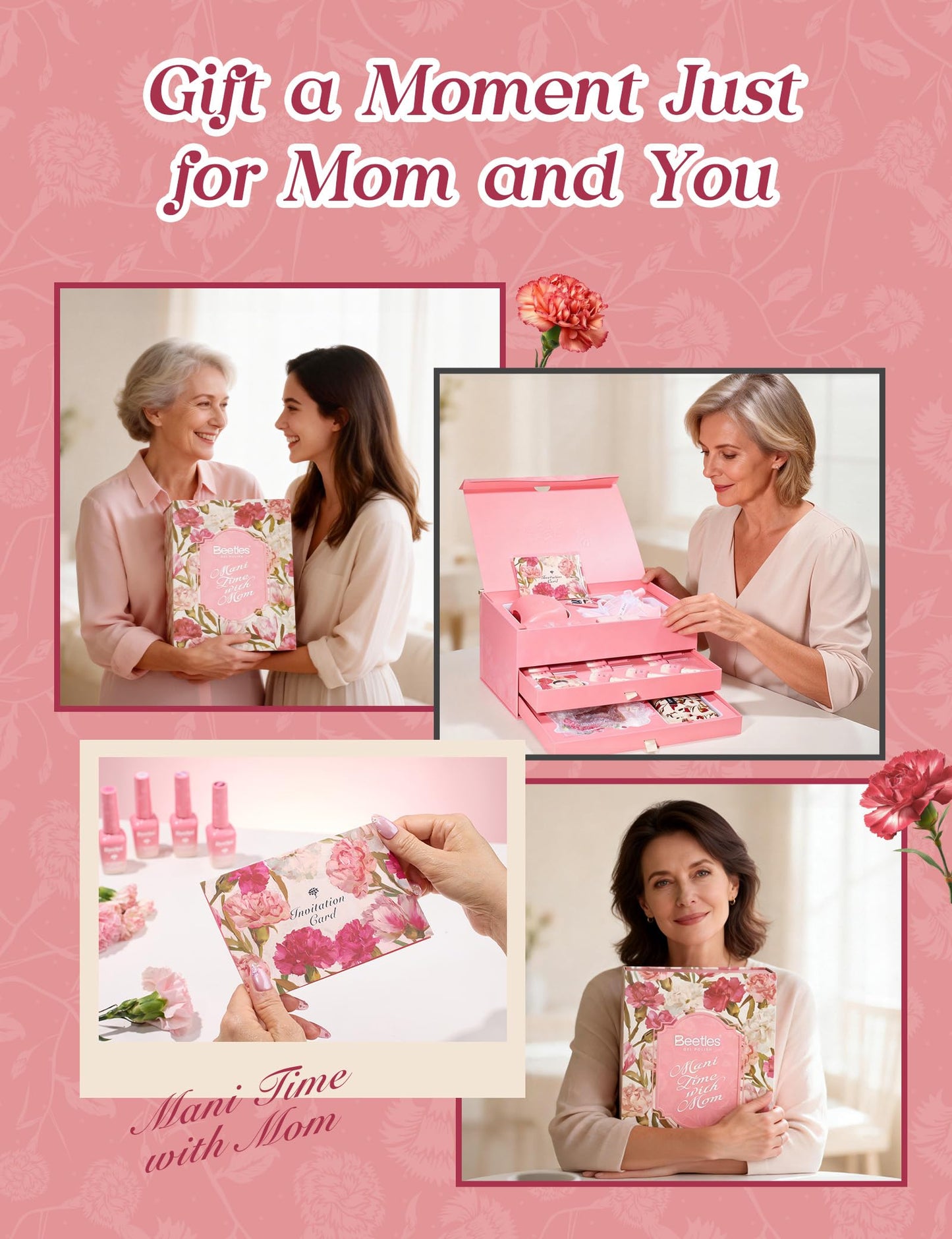 Beetles Mani Time with Mom Mother’s Day Gift Box, 12 Colors Purple Pink Red Cat Eye Gel Nail Polish Kit with U V Light, HEMA Free TPO Free Complete Manicure Kit Shea Butter Hand Cream Gift Box for Mom