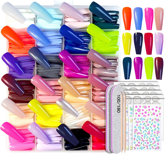 whisrvival 576 Pcs Long Coffin Press On Nails, 24 Colors Glossy False Nails Full Cover Fake Nail Tips with Adhesive Tabs & 10 Nail Stickers for Woman DIY Nail Art Practice & Daily Wear