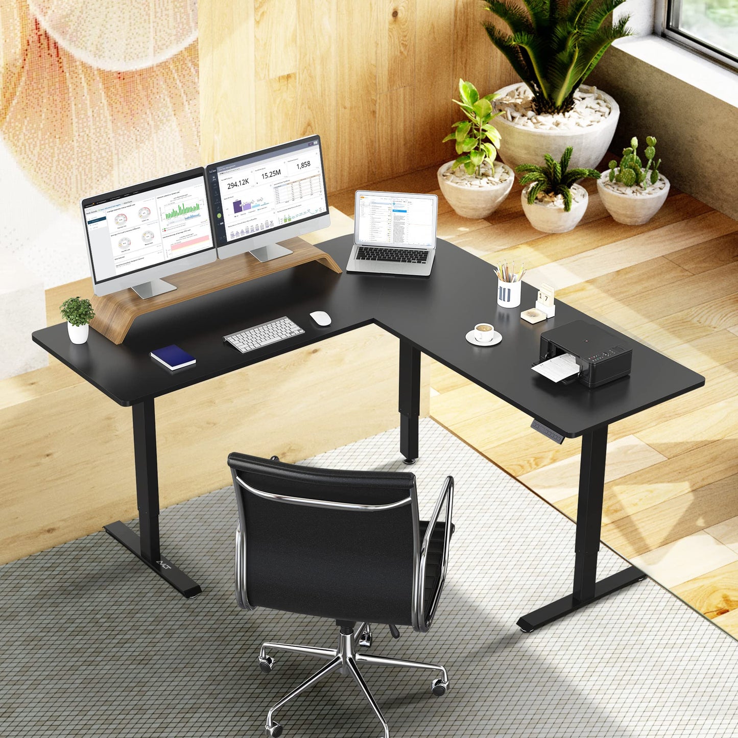 AVLT 47″ Electric L-Shaped Standing Desk (65 "x 70.9") – Motorized Triple-Motor Height Adjustable Sit-Stand Corner Workstation, Swappable Mid-Foot Design, Frame Only (Black)