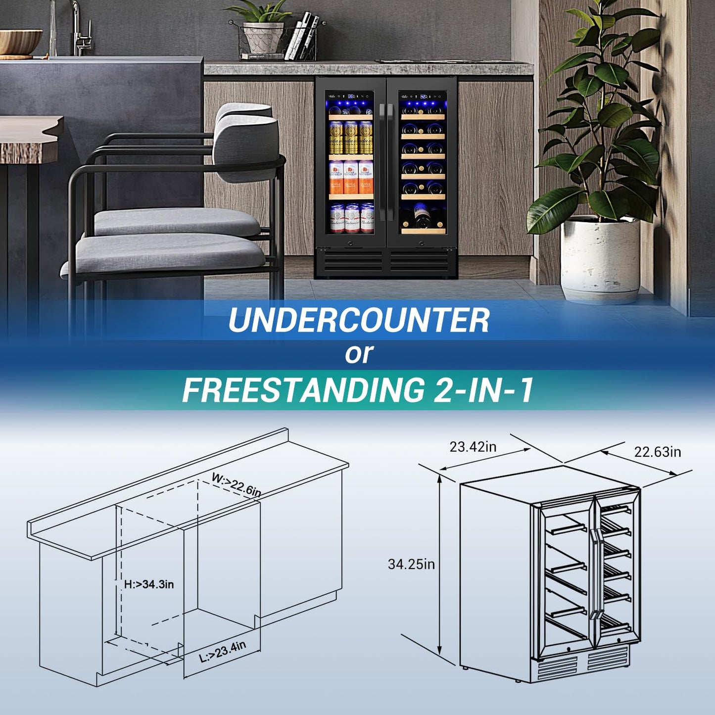 Velivi 24" Black Dual Zone Wine & Beverage Refrigerator | Under Counter Built-In or Freestanding | 18 Bottles & 68 Cans | Glass Door with Lock Large Capacity for Beer Wine Soda Drinks