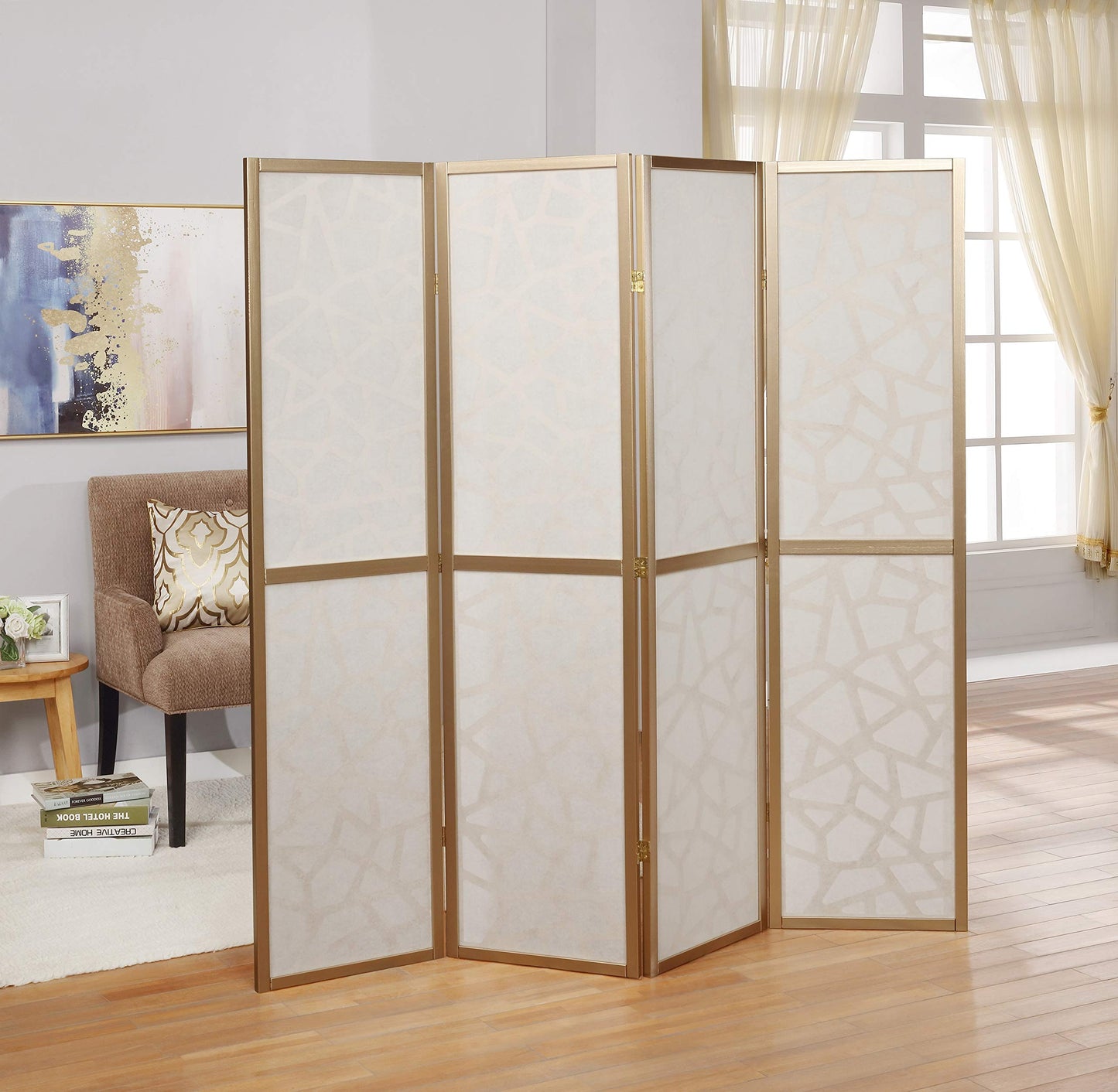 Roundhill Furniture Giyano 4 Panel Screen Room Divider, White Screen with Gold Frame