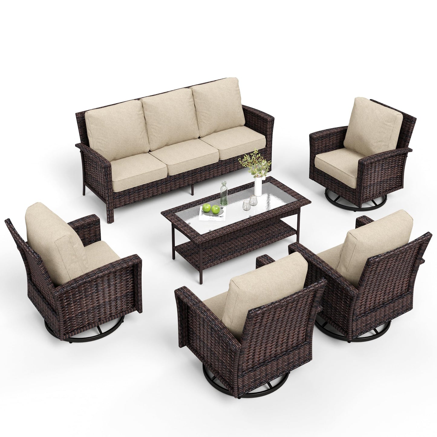MIXPATIO 6-Piece Wicker Patio Furniture Set with Swivel Chairs, High Back Outdoor Sofa with 5.5-inch Thick Cushion, All-Weather Wicker Patio Conversation Set for Deck Yard Pool, Beige