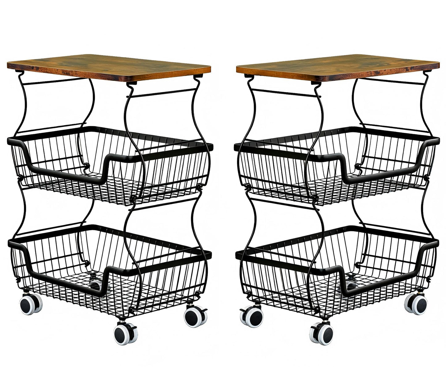 2 Pack Utility Rolling Cart 3-Tier Metal Storage Organizer Cart with Wooden Top Snack Rack Pantry Cart with Wheels for Kitchen, Bathroom, Office, Bedroom, Living Room, Black