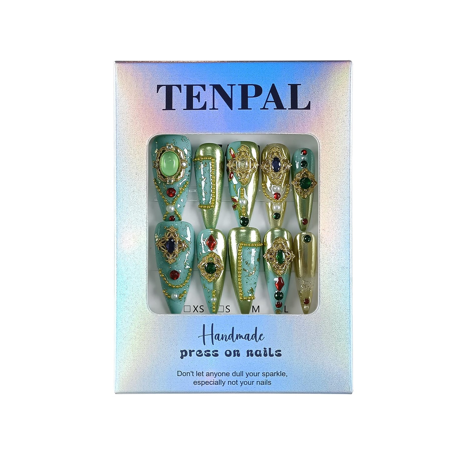 TENPAL Handmade Palatial Press On Nails Long Stiletto,Heirloom Chrysoberyl & Ruby Inlaid Artisan Cameo Designs,Reusable Wedding Fake Nails for Bride 10Pcs with Tools Kit(XS)