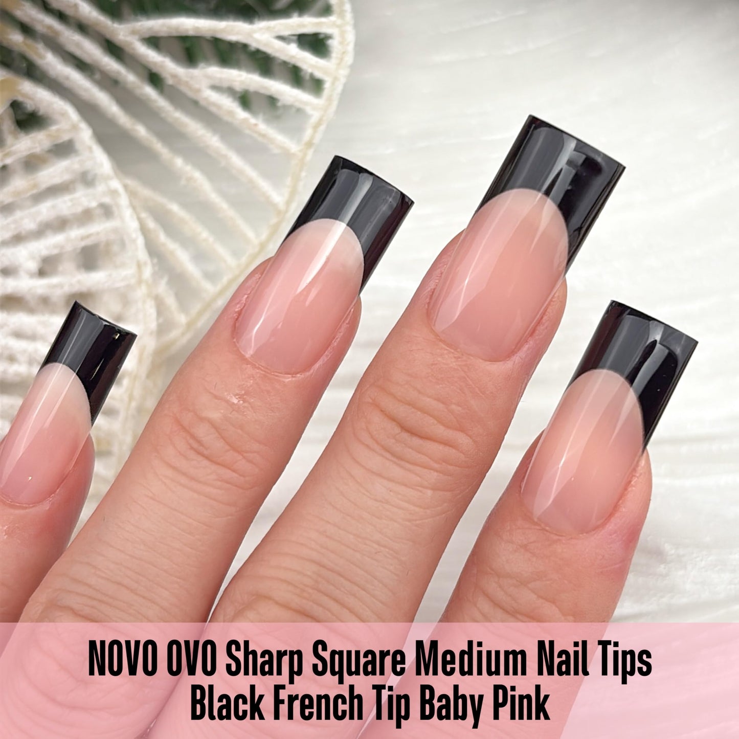 NOVO OVO Soft Gel Nail Tips Square Medium - Black French Tip on Baby Pink Base, 180Pcs Full Cover False Nails for Gel X Extension, Sharp Shape Pre-Designed Press on Nails for DIY Home Salon (15 Sizes)