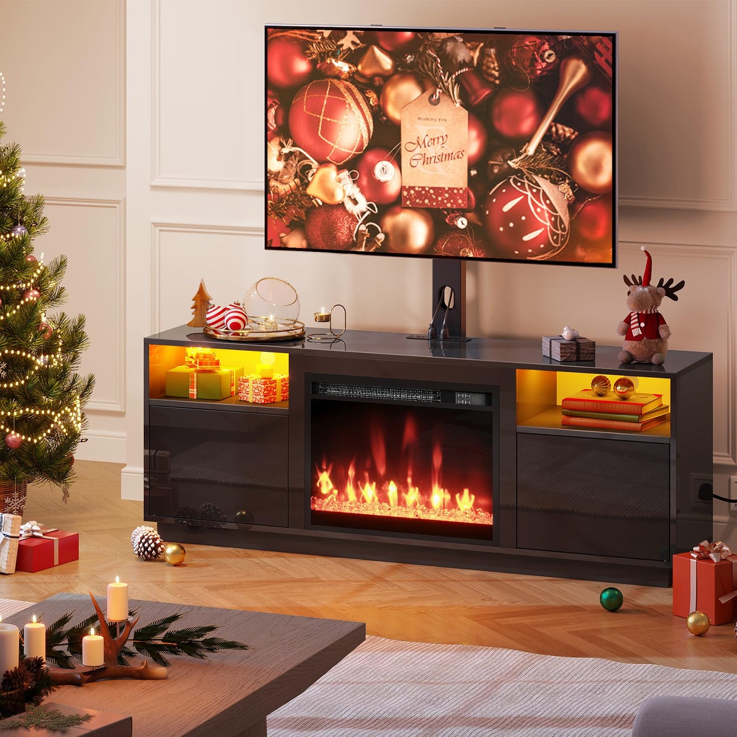 Rolanstar Fireplace TV Stand with Led Lights and Power Outlets, Entertainment Center with Electric Fireplace, Swivel TV Stand Mount for 45/55/60/65 inch TVs, Height Adjustable TV Console, Black