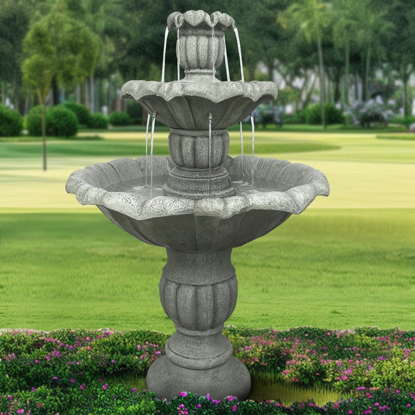 ourrco 39.3” H Outdoor Floor Water Fountain, 3-Tiers Concrete Water Fountain with Submersible Electric Pump - Garden Cascading Waterfall for Yard Patio Lawn Home Decor