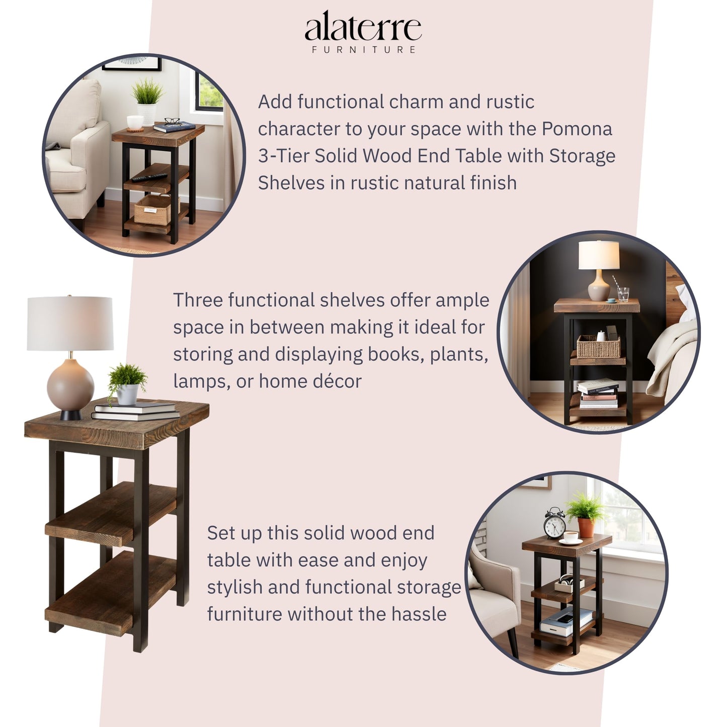 Alaterre Furniture Pomona Living Room 3-Tier Solid Wood End Table with Metal Legs & Storage Shelves – Modern Rustic Industrial Space-Saving Side Table or Nightstand (Rustic Brown)