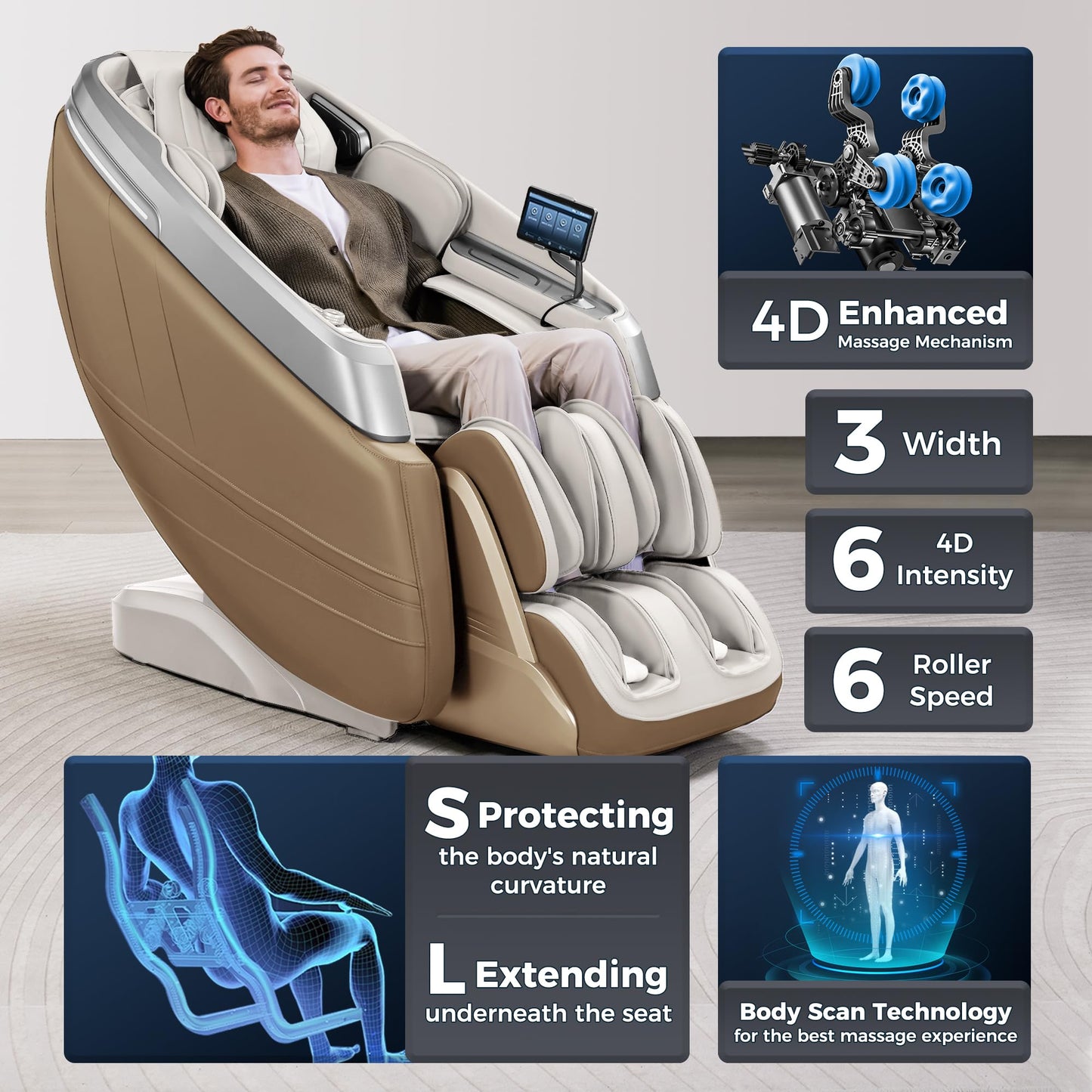 iBooMas P03 4D Zero Gravity Massage Chair,APP Control Massage Chairs Full Body with SL Track,Touch Screen Navigation,Yoga Stretch,Foot Roller,Heat,Airbags,Wireless Charger (Beige)