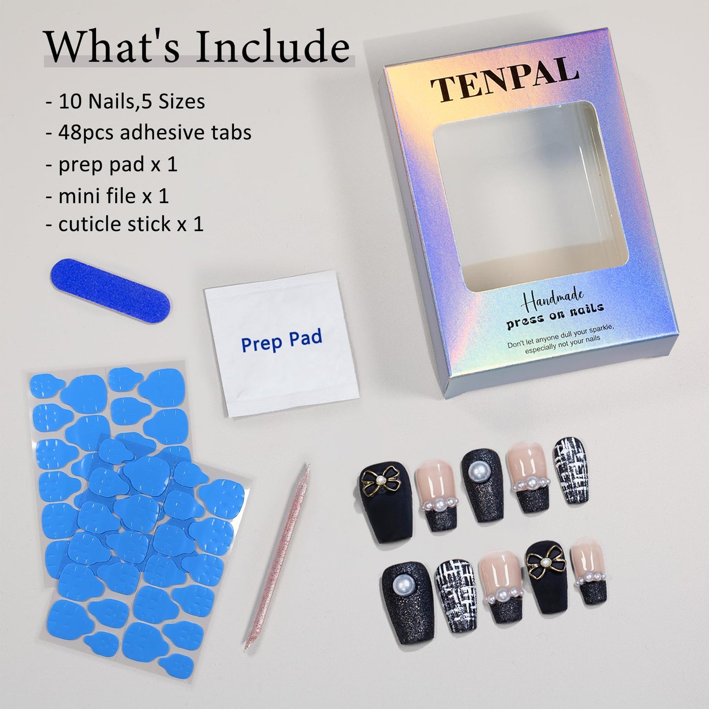 TENPAL Handmade French Tips Press on Nails Medium,Black Gold Pearl & Bow Tweed Coffin,Detachable Luxury Heirloom Elegance for Fair Skin, Acrylic Wedding Nails for Women(XS)