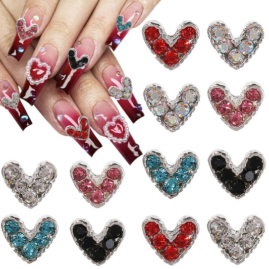 12 Pcs 3D Heart Nail Charms for Nails Valentine's Rhinestone Decals Love Crystal Nail 6 Color Diamonds Alloy Nail Art Jewelry Supplies Decor for Acrylic Nails for Women Girls Valentine's