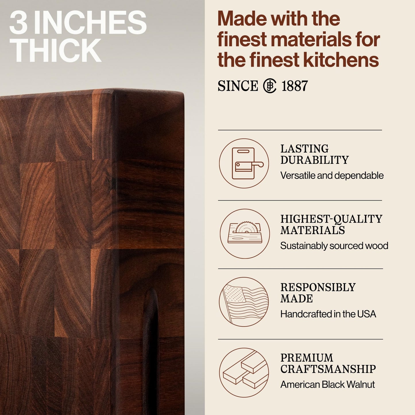 John Boos CCB Series Square Wooden Walnut Cutting Board 18”x18” – 3” Thick, 24-lb Reversible Butcher Block with End-Grain & Finger Grips – Made in the USA