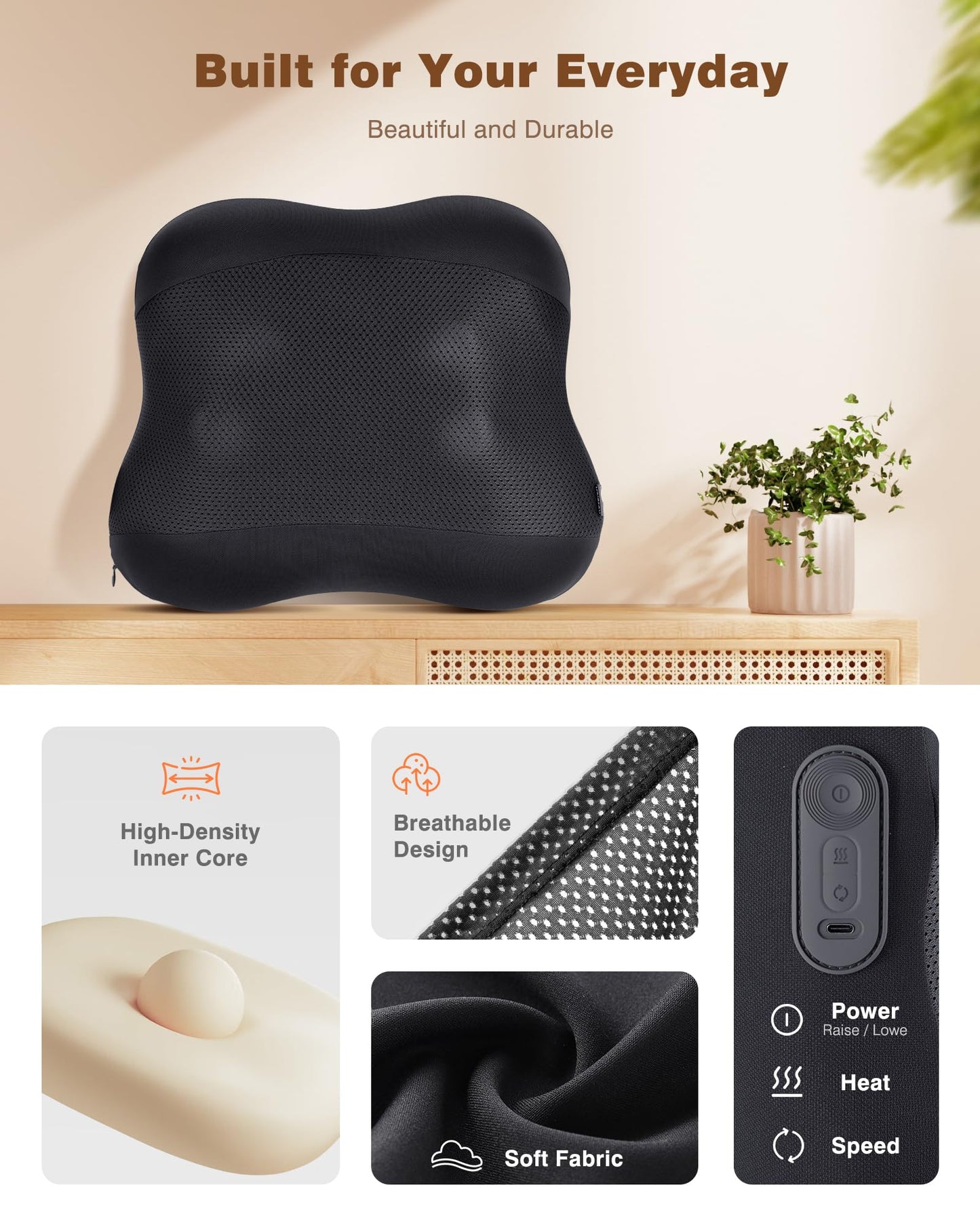KINGJOY 2-in-1 Cordless Shiatsu Back Massager with Heat, Upgraded 4D Liftable Massage Nodes & Dual-Side Heating, Deep Tissue Kneading for Back Pain Relief, Gift for Women Men, Home Office Use
