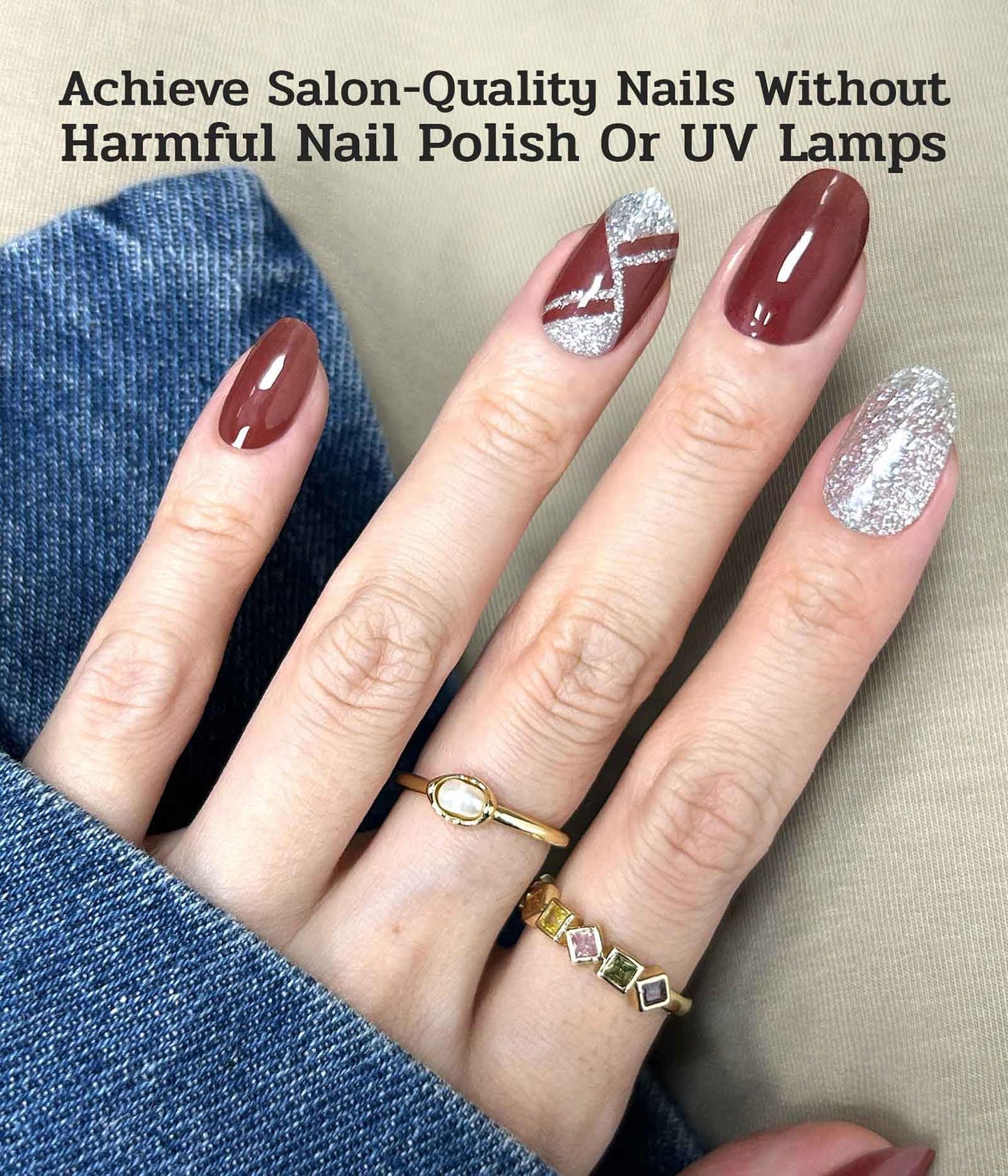 ruyeefam Nail Polish Strips (No UV Lamp Needed) - 22 Pcs Salon Quality Gel Nail Stickers - Long Lasting Wraps (Silvered Wine)