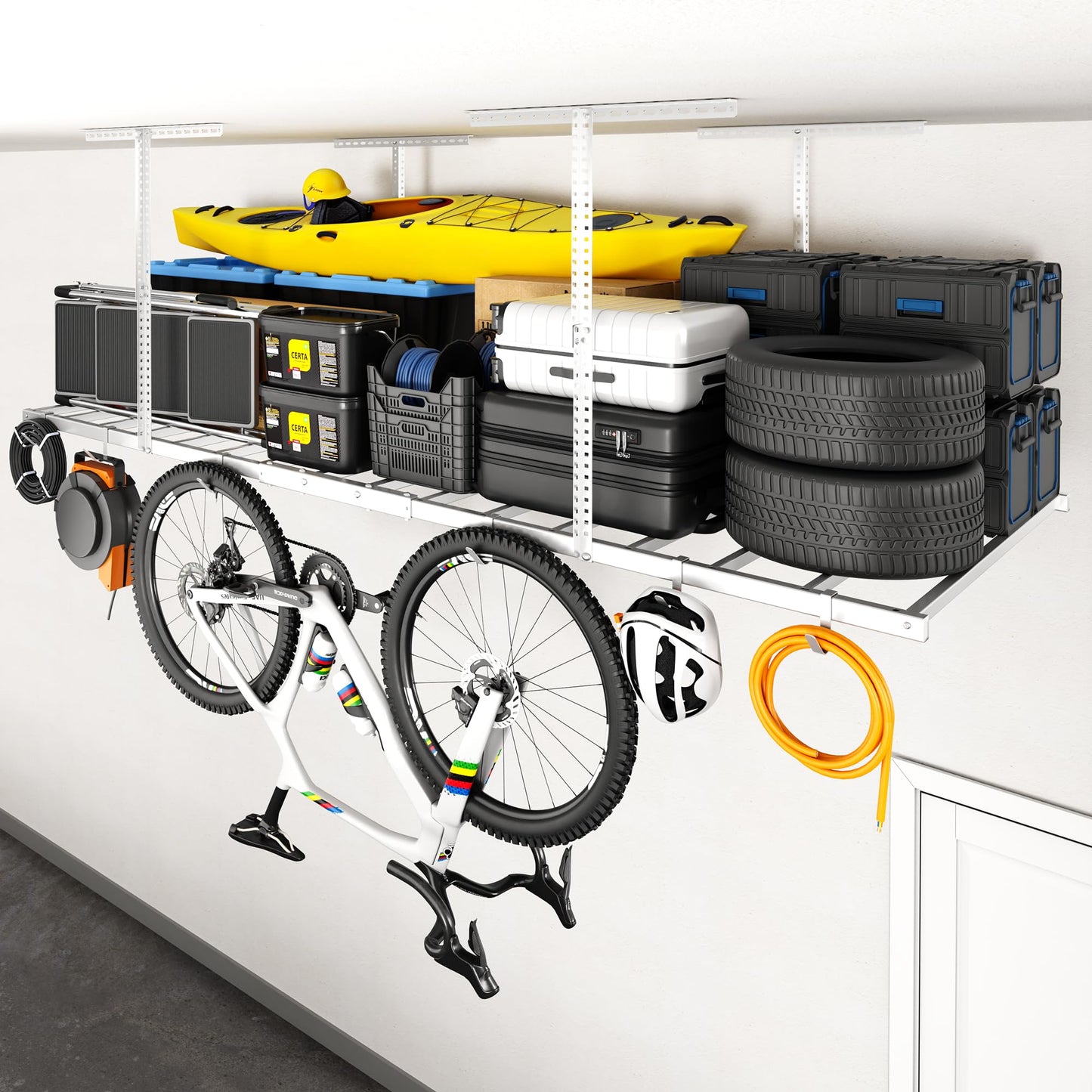 FLEXIMOUNTS 4x8 Overhead Garage Storage Rack with 6 Hooks, Adjustable Storage Organization System, Heavy-Duty Metal Ceiling Racks, 22.6" -39.4" Ceiling Dropdown, Lite Series