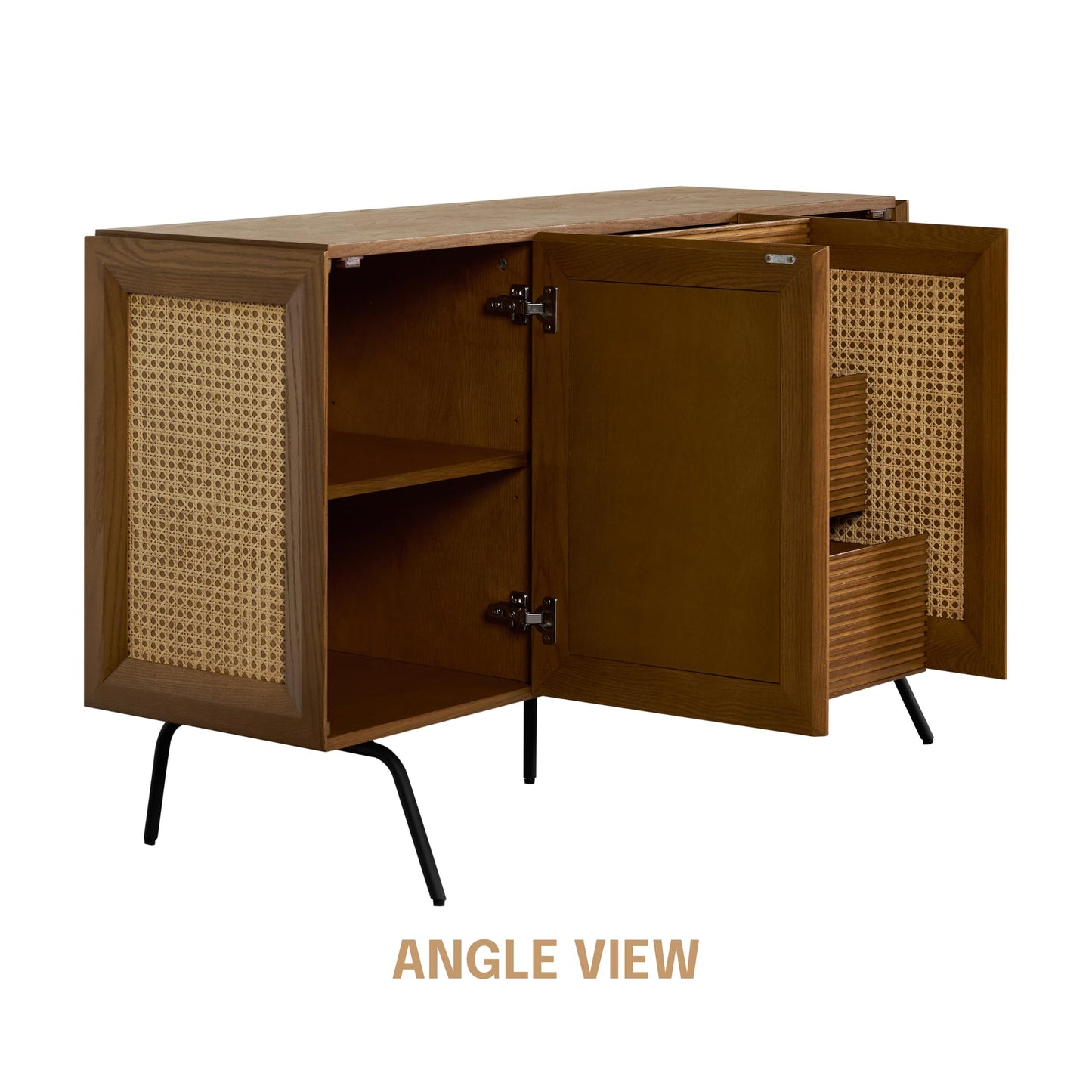 NTC MOSSIC Sideboard with 2 Doors and 3 Drawers, Buffet Cabinet with Natural Rattan and Metal Legs, Modern Storage Cabinet for Living Room, and Hallway, Effortless Assembly - Rustic Oak