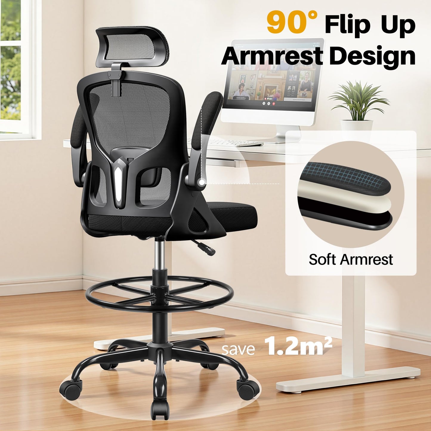 FINATI Drafting Chair, Tall Office Chair for Standing Desk, Ergonomic High Back with Headrest, Lumbar Support, Foot Ring and Flip-up Armrests, Black