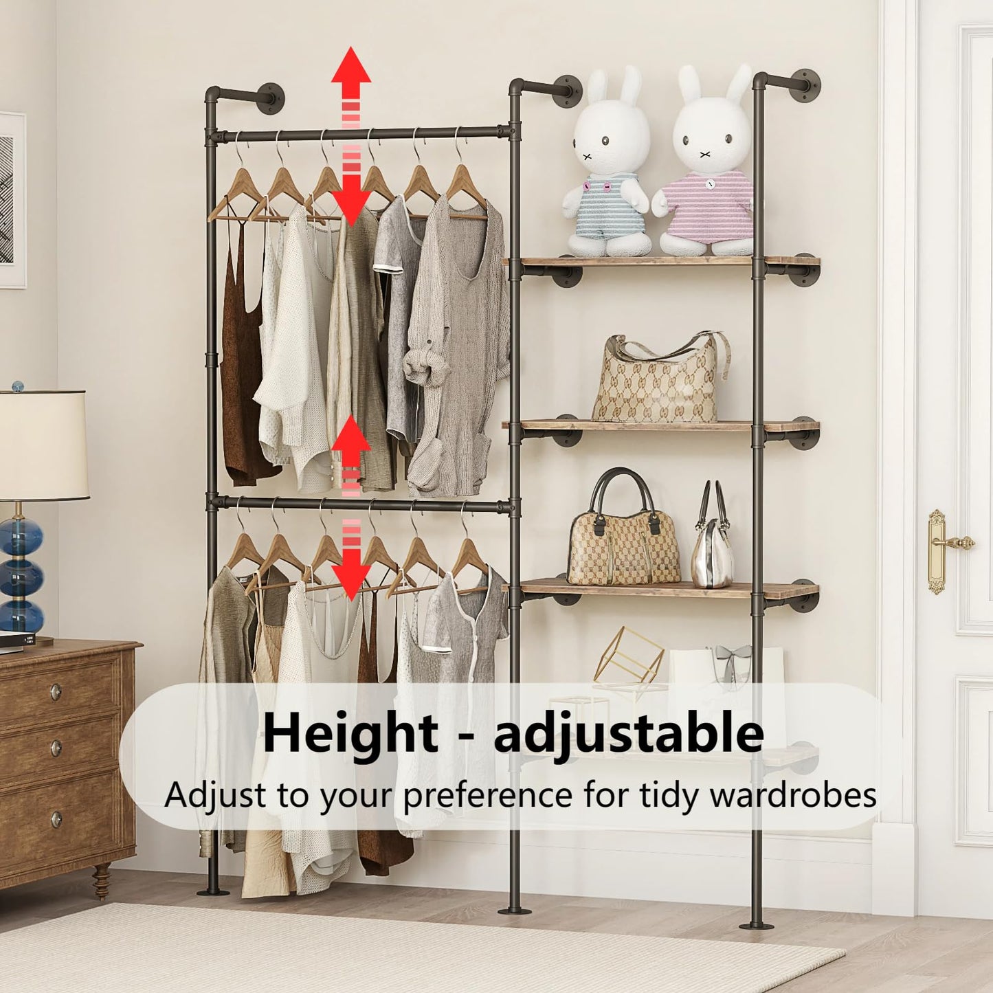 DABILONGC Industrial Pipe Clothing Rack, Heavy Duty Adjustable Garment Hanger with Shelves, 2 Installation Methods Closet Storage System for Wardrobe Organization (Black, 80" H x 55" W)