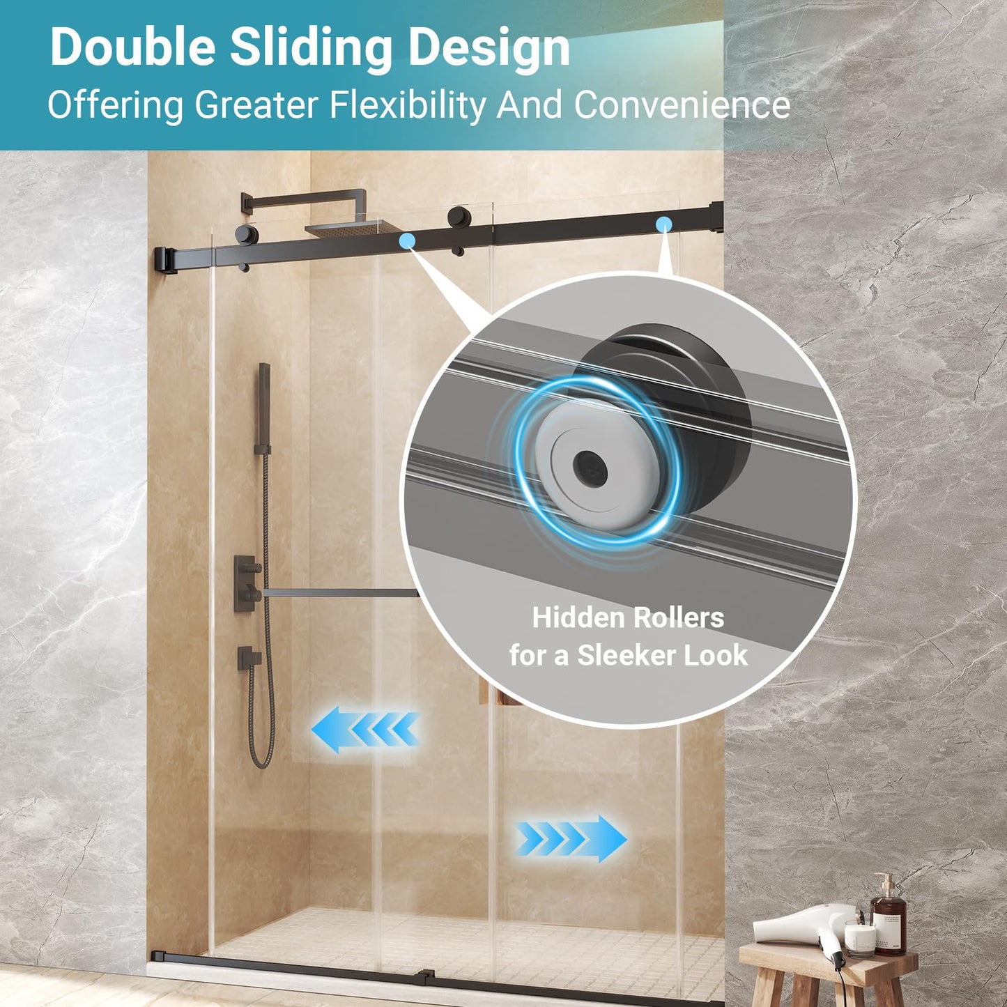 BATHWILLER 56"-60" W x 76" H Double Sliding Shower Door, 3/8" (10mm) Clear Tempered Glass Frameless Shower Door with Nano Easy Clean Coating, Stainless Steel Hardware, Matte Black
