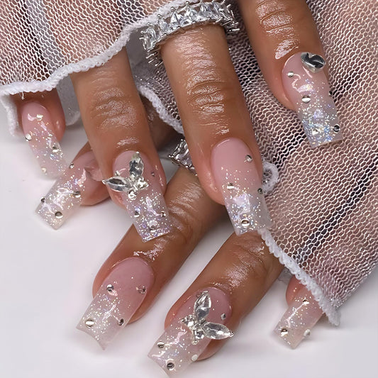 24Pcs Long Coffin Press on Nails Butterfly Fake Nails with Silver Glitter Rhinestones Designs White Gradient False Nails Cute Full Cover Artificial Glue on Nails Pink Stick on Nails for Women DIY Kit