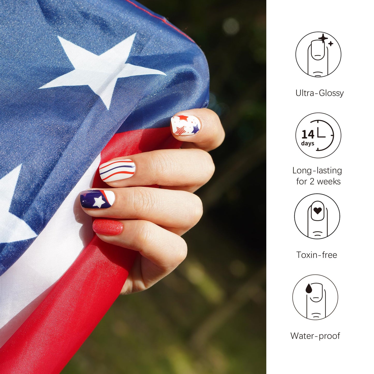 DANNI & TONI Semi Cured Gel Nail Strips Independence Day (USA Pride) Patriotic Gel Nail Polish Stickers 4th of July Nail Wraps 28 Stickers