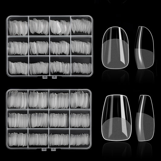 480PCS Nail Tips Clear False Nails Full Cover for Acrylic Fake Nails Kit 12 Sizes 2 Shapes Short Coffin Round Pre-Shape for Salon Home DIY Gifts