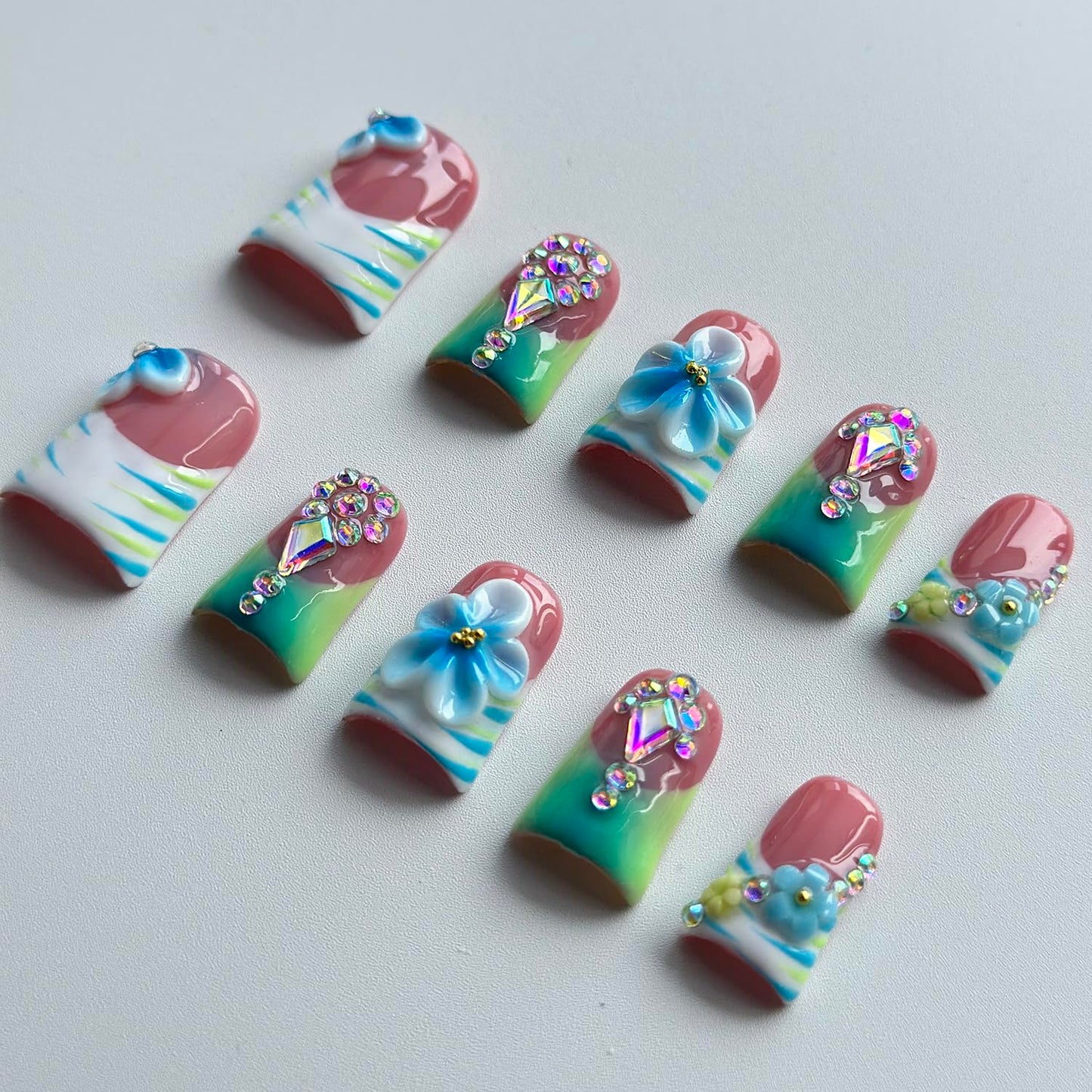 Luxury Press on Nails Short Duck Handmade 3D Unique Reusable ABS Material Fake Nails French Tip False Nails with Designs Floral Rhinestones Blue&Green Glossy Glue on Thick Acrylic Nails(M)