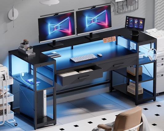 Pamray 58 Inch Computer Desk with Monitor Stand and Shelves Gaming Desk with LED Lights & Power Outlets PC Vanity Table with 2 Drawers for Home Office Black