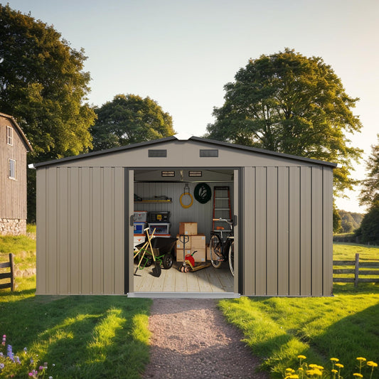 KEIKI 10x12 FT Metal Garden Storage Shed with Foundation Kit, Double Door Outdoor Tool Shed with 2 Windows, Color Steel Construction, Tool Shed for Lawn Equipment, Bikes, Trash Cans, Brown