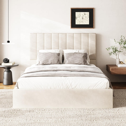 Sismplly Queen Size Cloud Bed Frame with 47" Tall Headboard, Velvet Upholstered Platform Bed with Thickened Sides & Footboard, Modern Floor-Standing Design, No Box Spring Needed, Easy Assembly, Beige