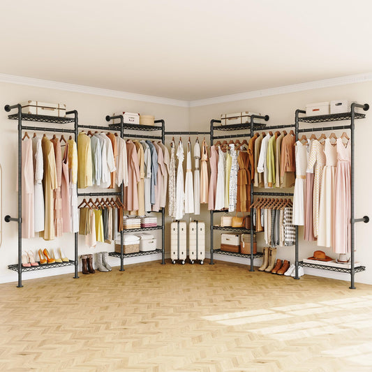 ONBRILL L7 Wall Mounted Industrial Pipe Clothing Rack – Heavy Duty Modular Closet System with 9 Hanging Rods (6 Expandable) & 10 Adjustable Shelves, Corner Garment Rack, Large Wardrobe - Black