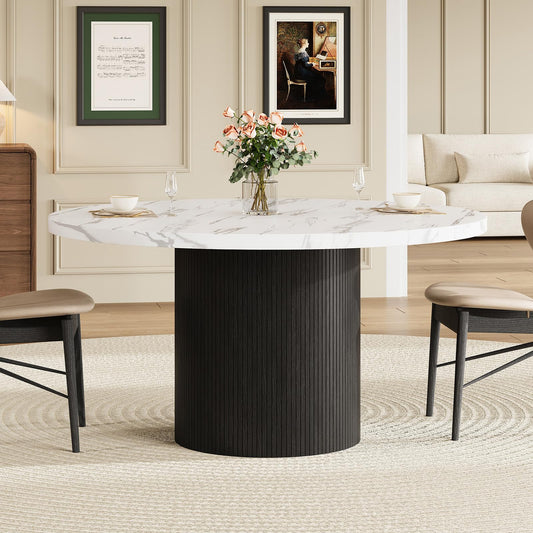 Round Kitchen Dining Table for 4-6 People, 47 inch Mid-Century Circle Dinner Tables, Rustic Wood Base in Fluted Design, Space Saving Dining Room Furniture, Large Table Only for Family Party, Marble