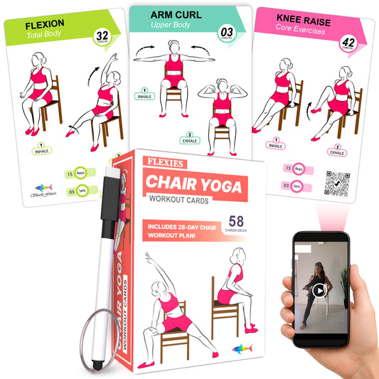 Flexies Chair Yoga Workout Cards – 58 Seated Exercise Cards for Beginners & Seniors | 28 Day Chair Workout Chart for Weight Loss, Strength, Flexibility & Balance
