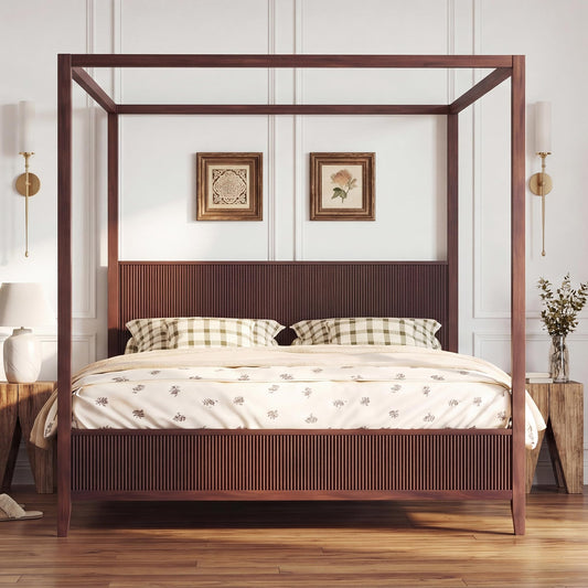 Merax Modern Luxury King Size Wooden Canopy Bed Frame with Headboard, Slats Support, Wood 4 Poster Bed Frame, No Box Spring Needed, Contemporary Bedroom Furniture, Espresso