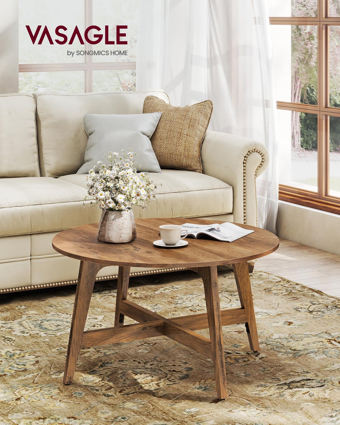 VASAGLE MAEZO Collection - Round Coffee Table, 31.5-Inch Center Table, Tapered Legs, Curved Transitions, Easy to Assemble, for Living Room, Honey Brown ULCT251KB01S