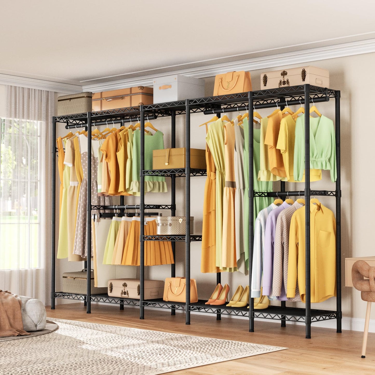 Golpart Heavy Duty Garment Rack Clothes Rack,Large Metal Closet Organizer System Storage Wardrobe,Freestanding Clothing Rack with Adjustable Wire Shelves& Hang Rods,MaxLoad 1100lbs