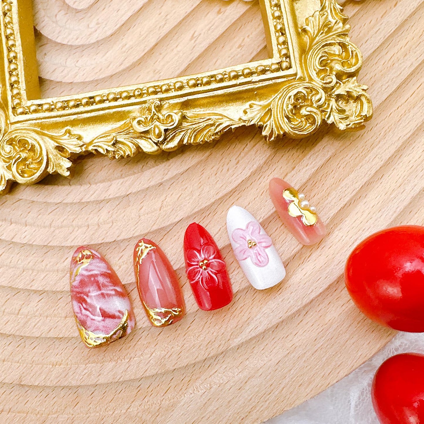 30Pcs Pink Press on Nails Medium Almond Fake Nails with 3D Flowers Pearl Designs Gold Flower False Nails Pink Gradient Acrylic Nail Tips Peach Blossoms Full Cover Stick on Nails for Women