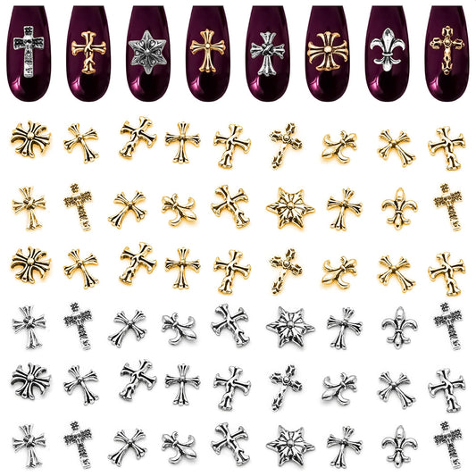 240Pcs Silver & Gold Cross Nail Charms Premium Set – 8 Styles with 3D Raised Design & Metallic Shine, Cross Charms for Nails, Acrylic Nails & Press-Ons – Statement Nail Decorations for Bold Manicures