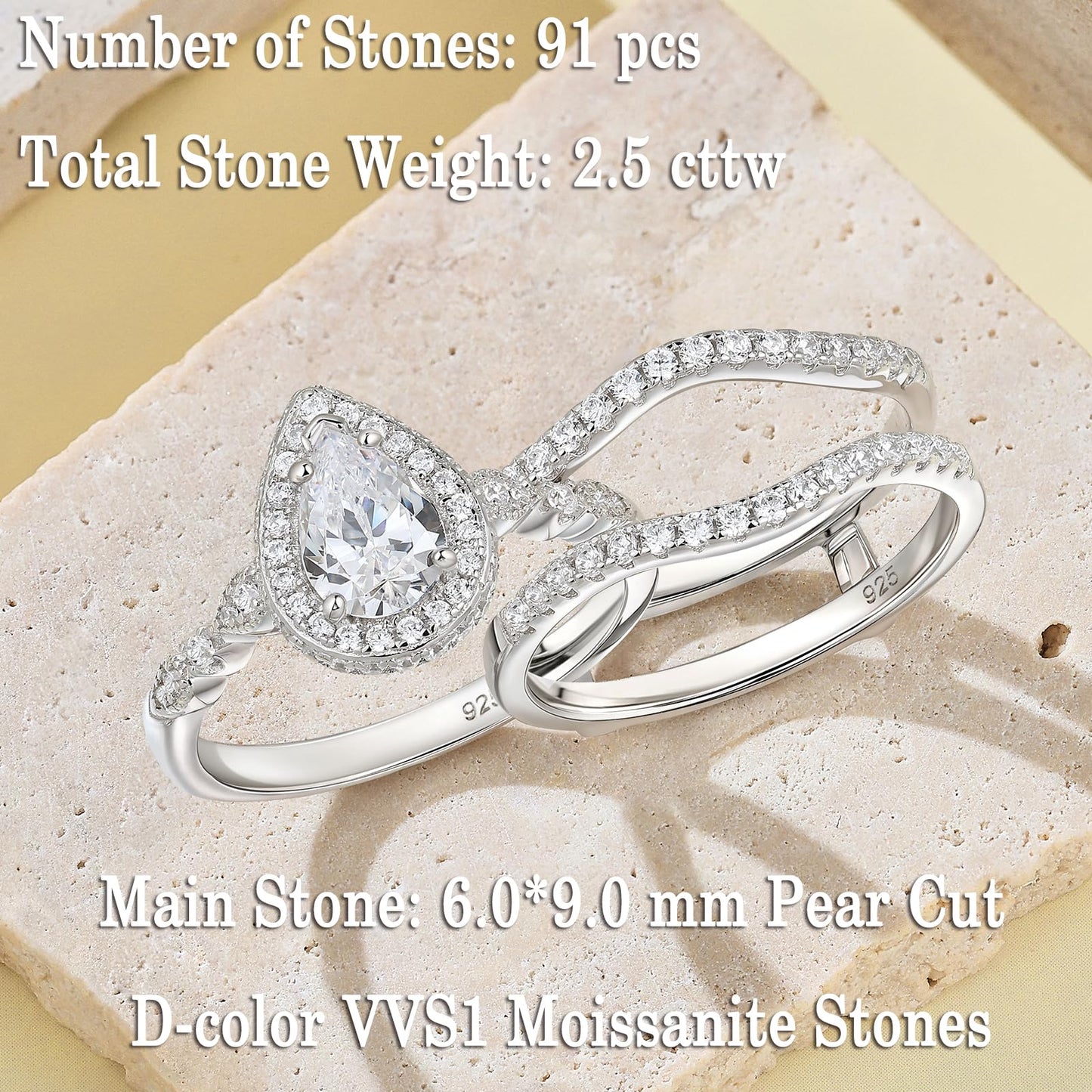 Newshe Jewellery Moissanite Wedding Rings for Women 925 Sterling Silver Pear Cut Engagement Ring Sets Teardrop Bridal Band Enhancer Size 6.5