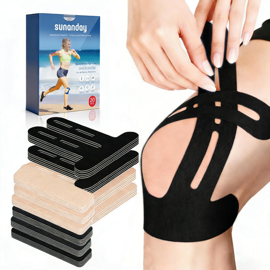 20 PCS Waterproof Kinesiology Tape for Shoulders/Knees,Precut Strips for Knee Pain Relief & Stability Support, Latex-Free Hypoallergenic Sports Athletic Tape Knee Brace (Black and Beige)