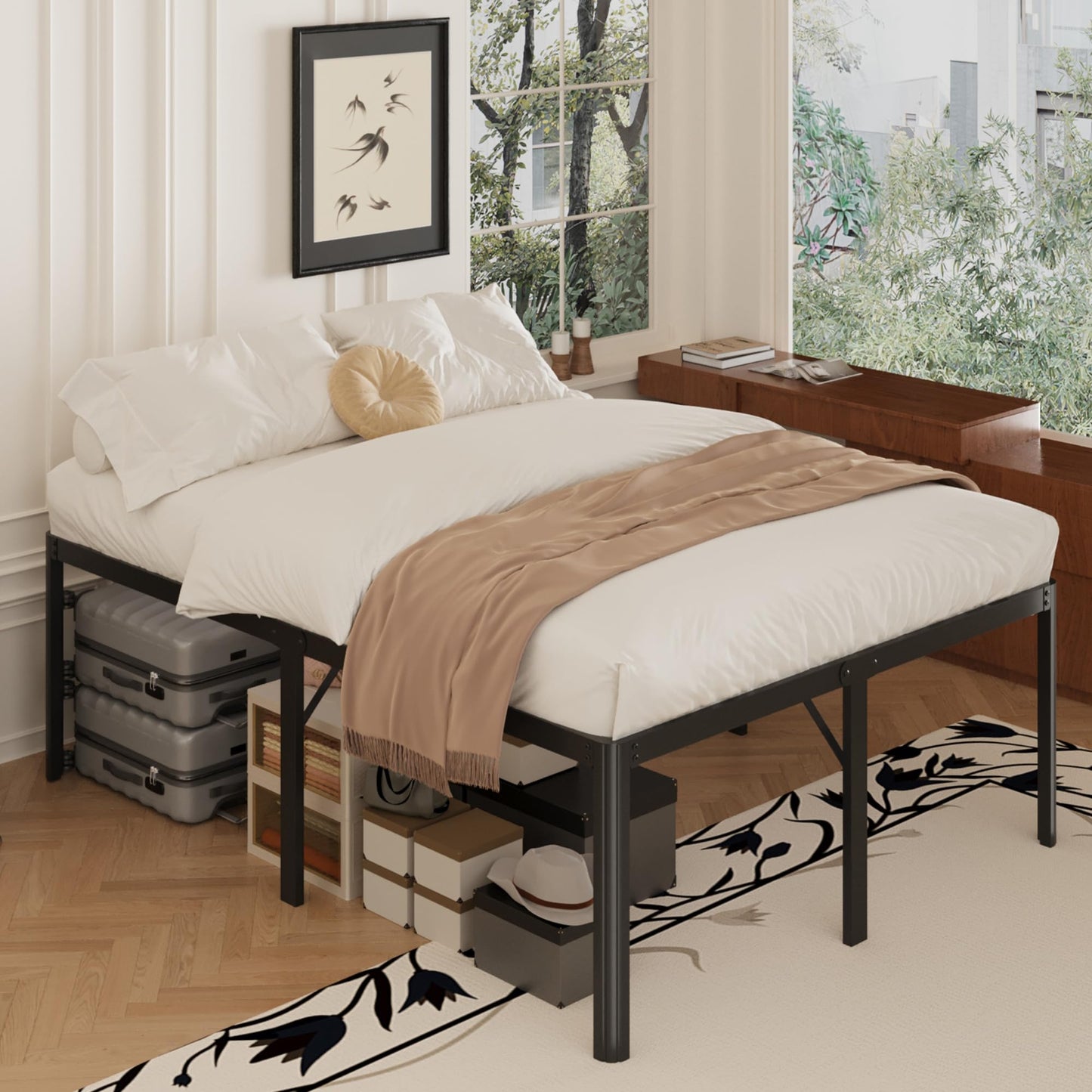 Yicensen 22 Inch High Queen Bed Frame Rounded Corner No Box Spring Needed, Heavy Duty Metal Queen Size Platform Bed Frame, Easy Assembly, Noise Free, Black