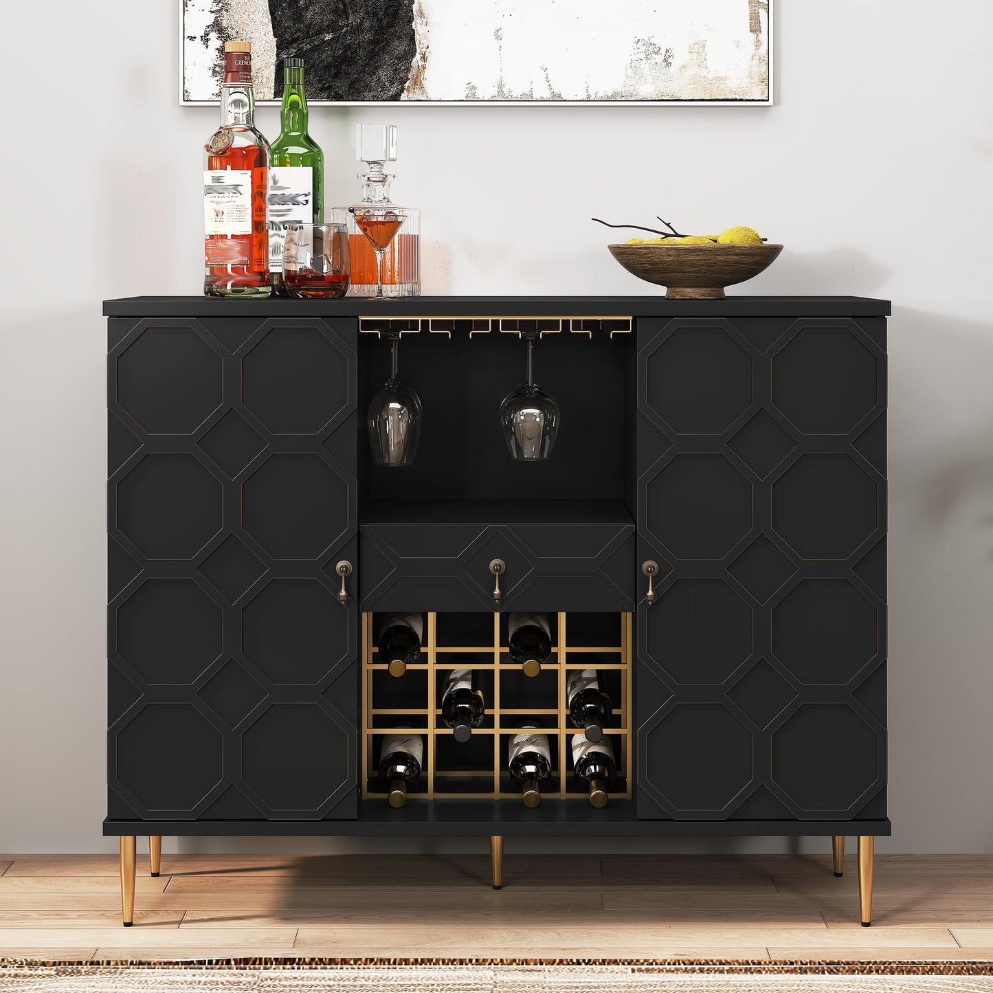 MROJISC Modern Bar Cabinet with Drawer, Liquor Cabinet with Wine Glass Racks and Shelves, Geometric Door Buffet Sideboard for Dining Room, Living Room, Kitchen, Black